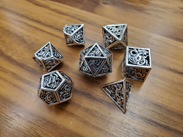 Adventure Dice - 7 Piece Set - Metal - Silver Dragon Flight available at 401 Games Canada