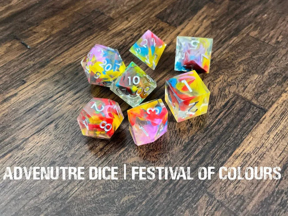 Adventure Dice - 7 Piece Set - Sharp Edge - Festival of Colours available at 401 Games Canada