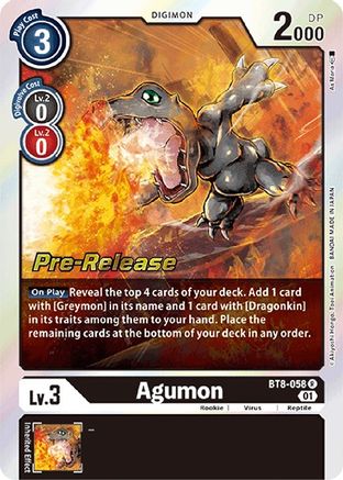 Agumon (Prerelease Promo) - BT8-058 - Rare available at 401 Games Canada