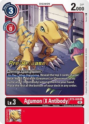 Agumon (X Antibody) (Prerelease Promo) - BT9-008 - Uncommon available at 401 Games Canada