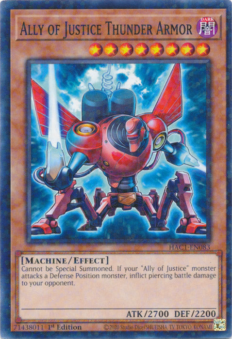 Ally of Justice Thunder Armor - HAC1-EN083 - Duel Terminal Normal Parallel Rare available at 401 Games Canada