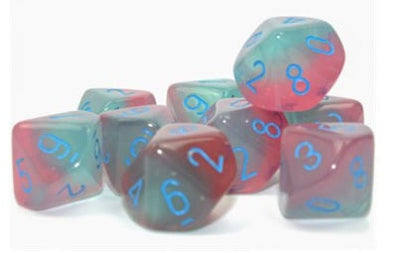 Chessex - 10D10 - Gemini - Gel - Green-Pink/Blue Luminary available at 401 Games Canada