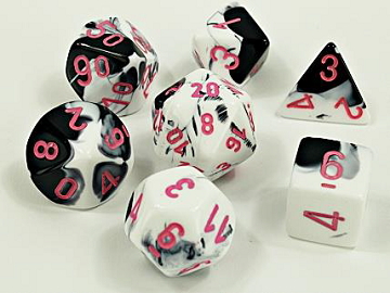 Chessex - 7 Piece - Lab Dice - Gemini - Black-White/Pink (+ Bonus 6-Sided Die) available at 401 Games Canada