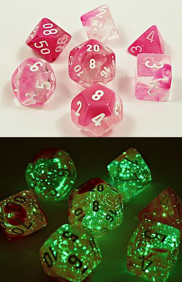 Chessex - 7 Piece - Lab Dice - Gemini - Clear-Pink/White (+ Bonus 6-Sided Die) available at 401 Games Canada