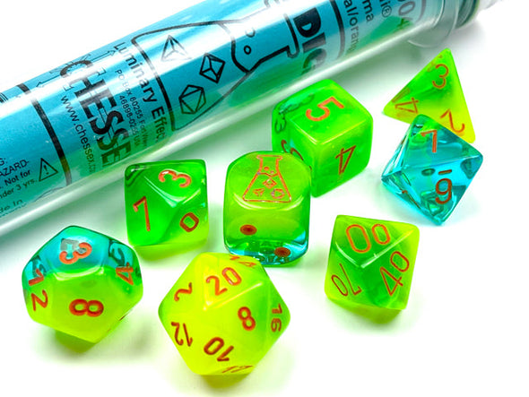 Chessex - 7 Piece - Lab Dice - Gemini - Plasma Green-Teal/Orange available at 401 Games Canada