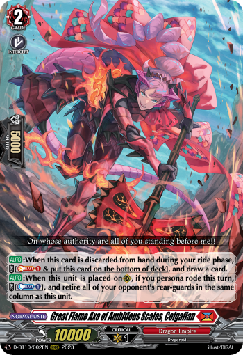 Great Flame Axe of Ambitious Scales, Colgaflan - D-BT10/002 - Triple Rare available at 401 Games Canada