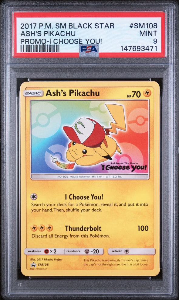 ASH'S PIKACHU (SM108) - POKEMON SM BLACK STAR PROMO - PROMO-I CHOOSE YOU! - MINT 9