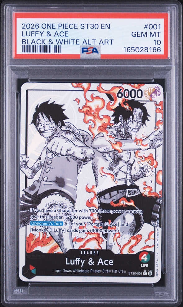 LUFFY & ACE (001) - ONE PIECE ST30-STARTER DECK EX LUFFY & ACE - BLACK & WHITE ALT ART - GEM MT 10