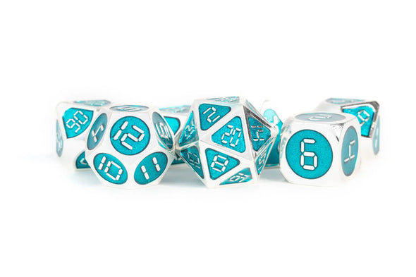 MDG - Metal Poly Dice Set - 16mm Silver with Teal Enamel available at 401 Games Canada