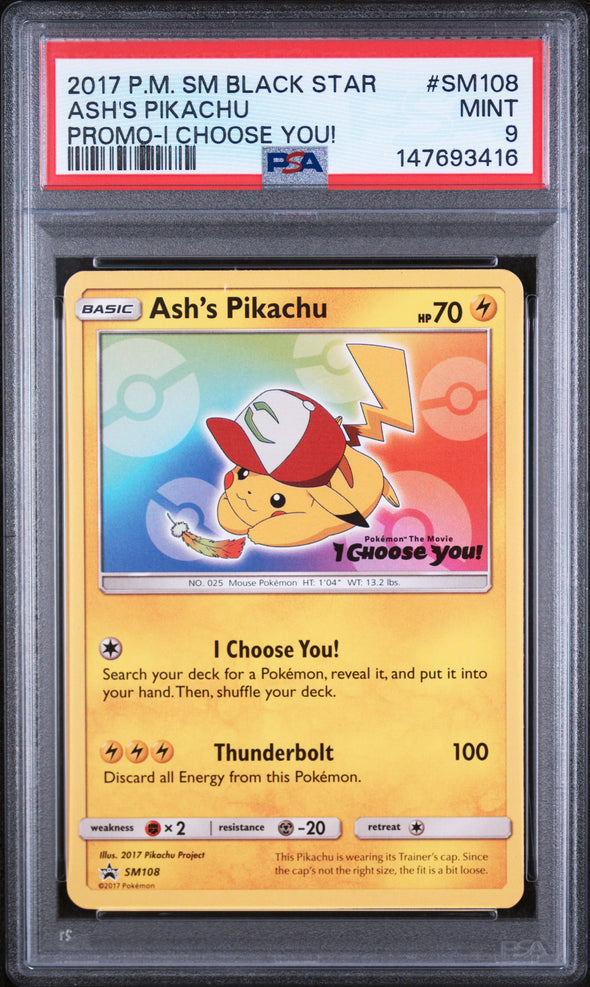 ASH'S PIKACHU (SM108) - POKEMON SM BLACK STAR PROMO - PROMO-I CHOOSE YOU! - MINT 9
