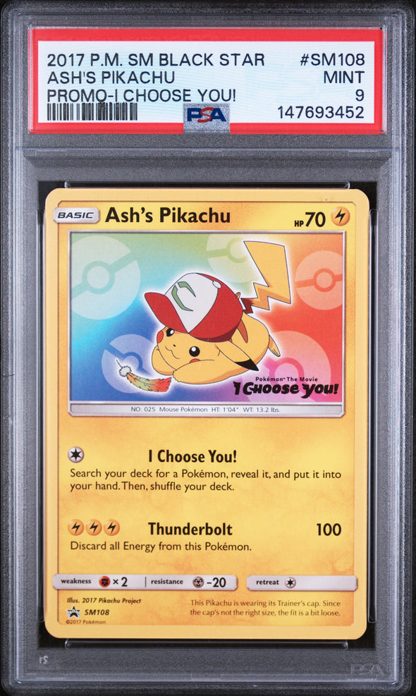 ASH'S PIKACHU (SM108) - POKEMON SM BLACK STAR PROMO - PROMO-I CHOOSE YOU! - MINT 9