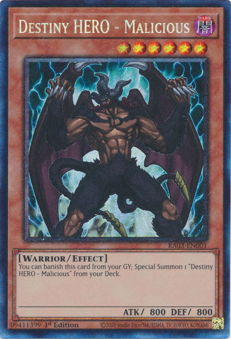 Destiny HERO - Malicious (PCR) - RA03-EN001 - Prismatic Collector's Rare - 1st Edition
