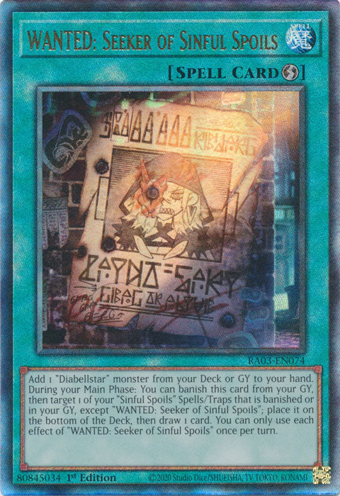 WANTED: Seeker of Sinful Spoils (PUR) - RA03-EN074 - Prismatic Ultimate Rare - 1st Edition