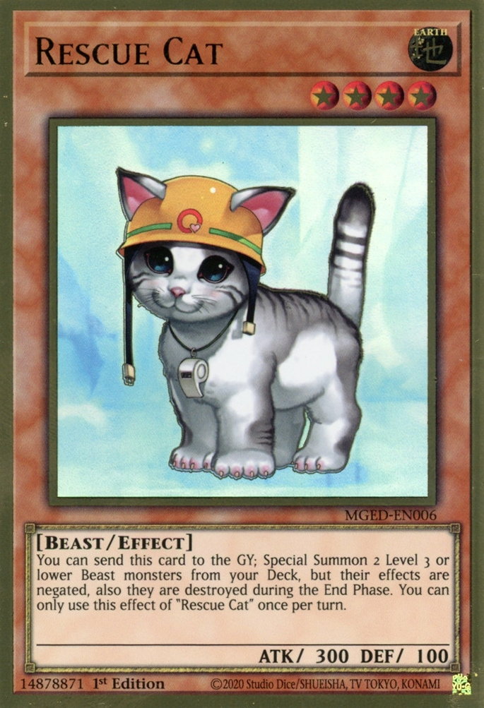 MGED-SP006 "Rescue Cat" Premium Gold Rare Effect Monster (Español