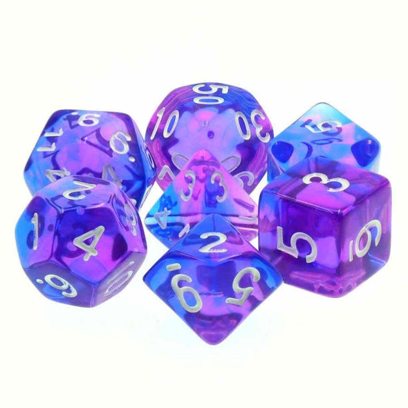 TMG - 7 Piece Dargon's Dice - Poetic Doom (Indigo/Violet Swirl Translucent) available at 401 Games Canada