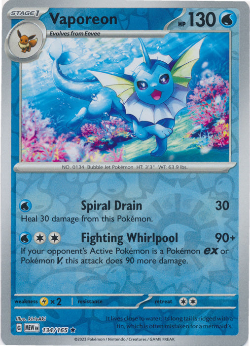 Vaporeon - 134/165 - Rare - Reverse Holo available at 401 Games Canada