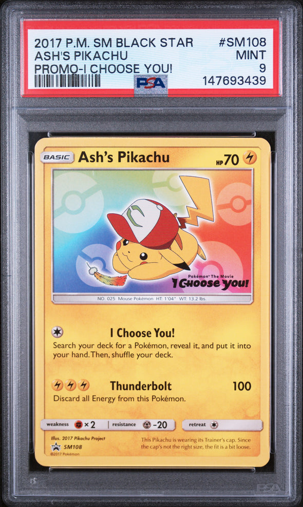 ASH'S PIKACHU (SM108) - POKEMON SM BLACK STAR PROMO - PROMO-I CHOOSE YOU! - MINT 9