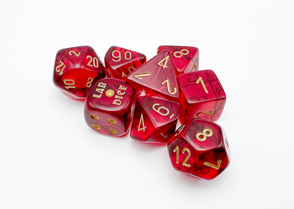 Chessex - Lab Dice - 7 Piece - Translucent - Crimson/Gold available at 401 Games Canada