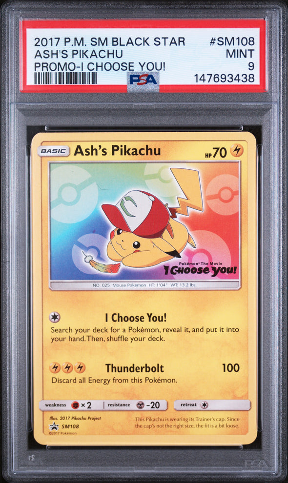 ASH'S PIKACHU (SM108) - POKEMON SM BLACK STAR PROMO - PROMO-I CHOOSE YOU! - MINT 9