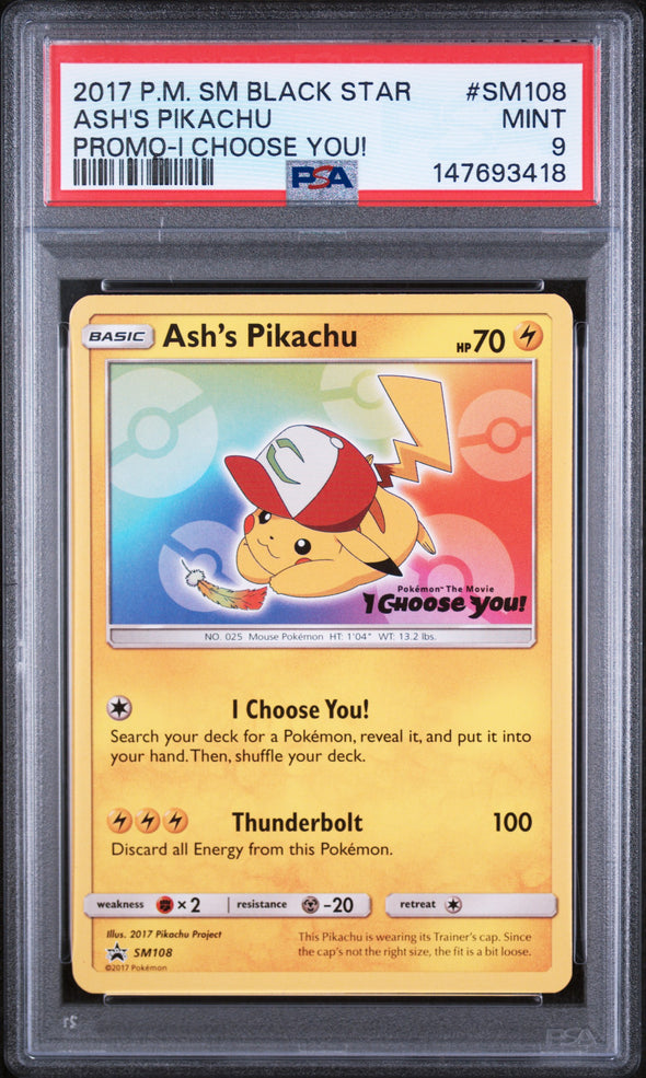 ASH'S PIKACHU (SM108) - POKEMON SM BLACK STAR PROMO - PROMO-I CHOOSE YOU! - MINT 9