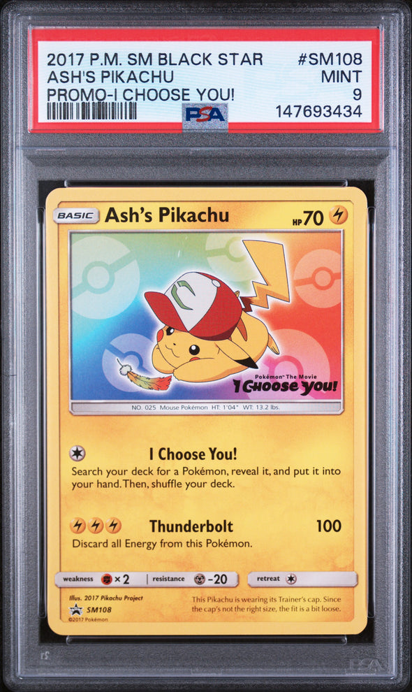 ASH'S PIKACHU (SM108) - POKEMON SM BLACK STAR PROMO - PROMO-I CHOOSE YOU! - MINT 9