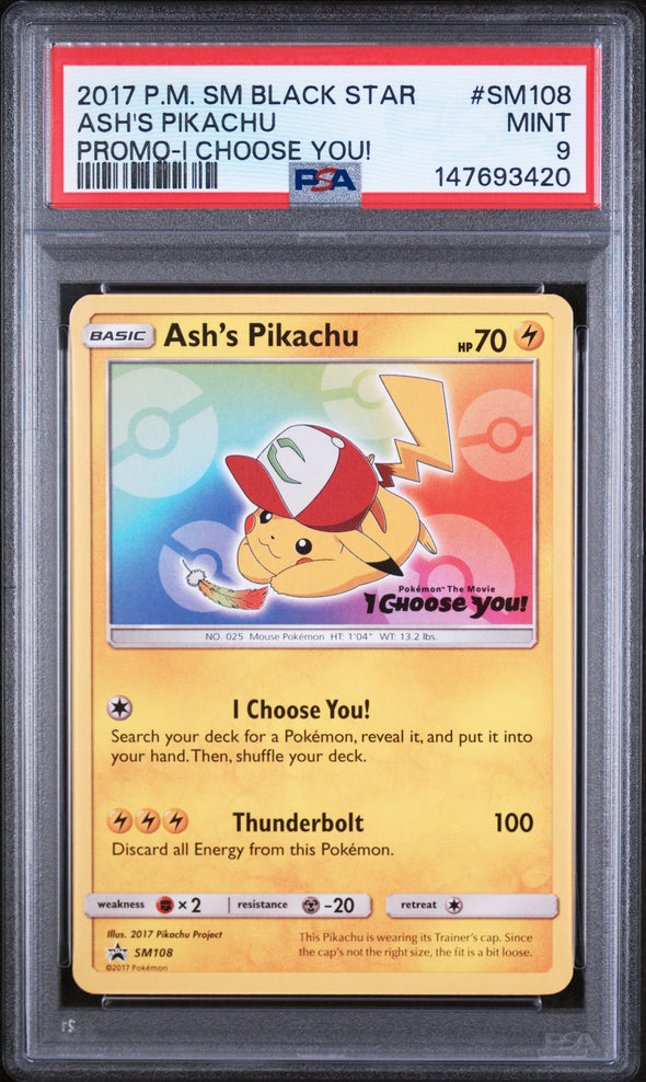 ASH'S PIKACHU (SM108) - POKEMON SM BLACK STAR PROMO - PROMO-I CHOOSE YOU! - MINT 9