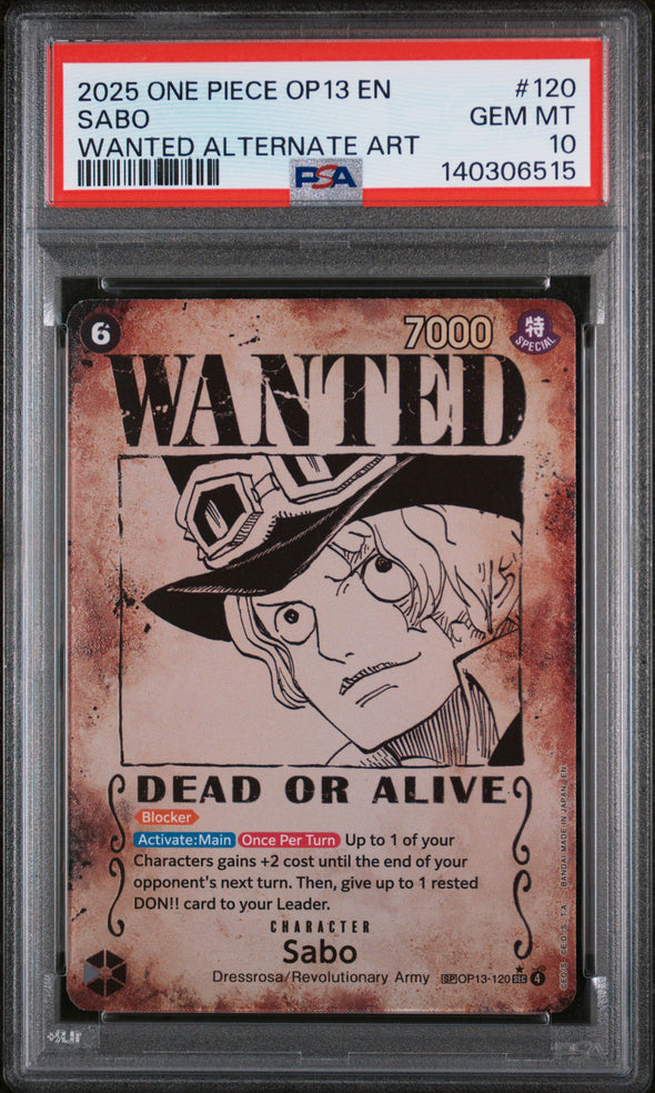 SABO (120) - ONE PIECE OP13-CARRYING ON HIS WILL - WANTED ALTERNATE ART - GEM MT 10